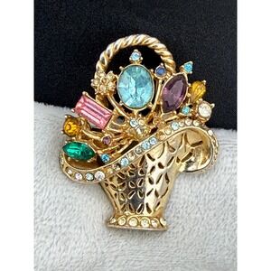 Vintage Flower Basket Brooch Pastel Rhinestones Gold Tone Rainbow READ